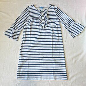 Draper James Blue Stripe Ruffle Shift Dress Bell Sleeve Size 4 Nautical Preppy